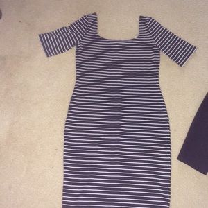Knee length navy and white striped dress